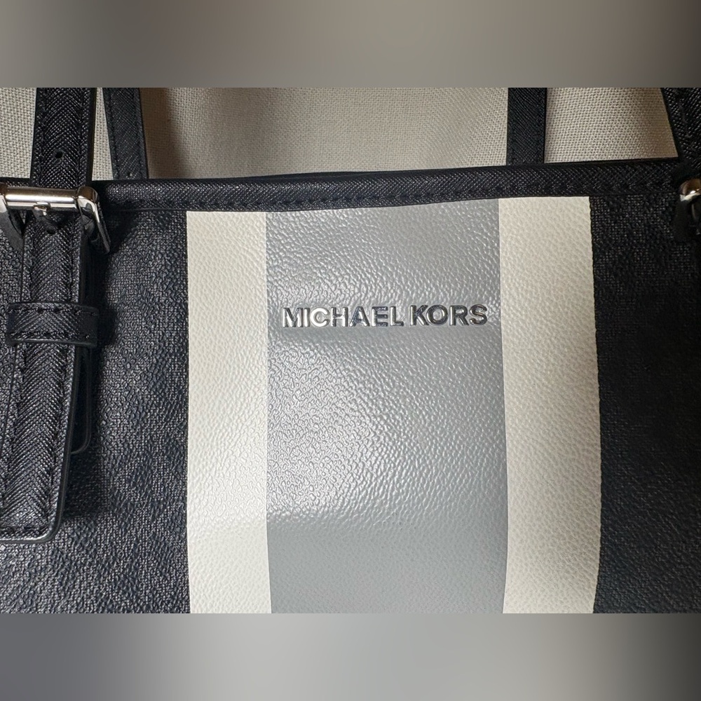 Michael Kors Eva Large Logo Stripe Tote Black MK Signature Work Laptop Bag NWOT - Picture 2 of 16